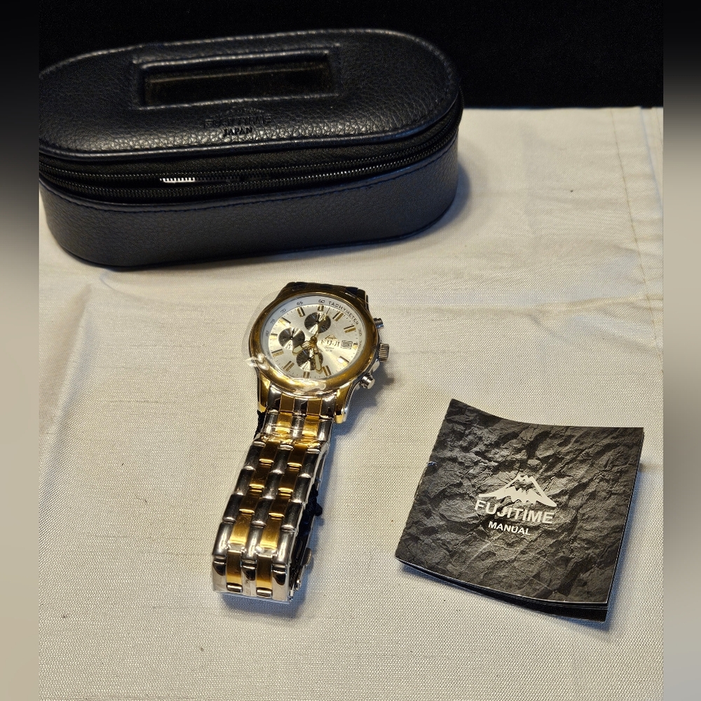 Fuji Designer Timepiece Men's Stainless Steel Plated in 18K 2 Tone Gold Watch - Picture 9 of 9